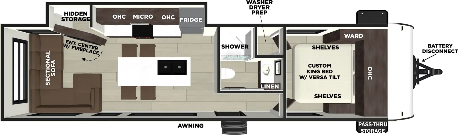 The Salem 280ZEN floorplan has one entry and one slide out. Exterior features include: fiberglass exterior. Interiors features include: kitchen island, front bedroom and rear living.
